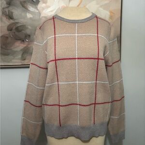 453S Tahari Women's Beige and Red Plaid Crewneck Sweater with grey cuffs